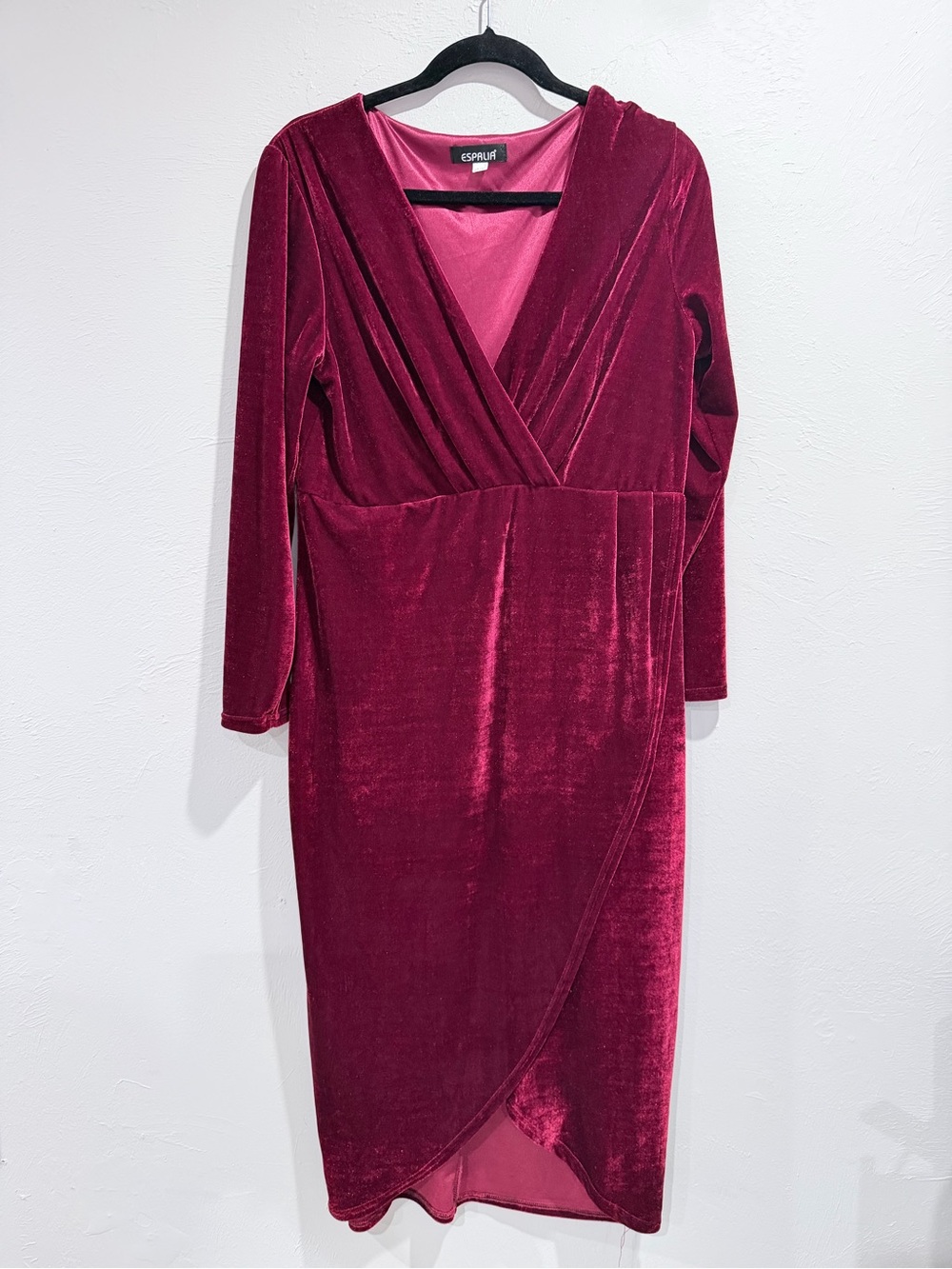 ESPRLIA Burgundy Velvet Faux Wrap Midi Dress Plus Size 14W Holiday Party - Picture 3 of 7